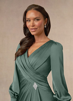 Azazie Petrina Mother of the Bride Dresses Sea Moss Mermaid Pleated Stretch Satin Dress image5