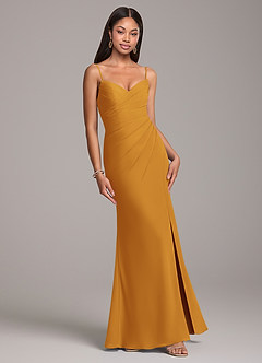 Azazie Yola Bridesmaid Dresses Butterscotch Sheath Pleated Chiffon Convertible Dress image5