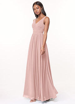 Azazie Keyla Robes de demoiselle d'honneur Robe Trapèze en Mousseline de soie Col V plissé Rose Poudré image3