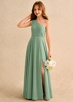 Azazie Puddles Girls Formal Abiti da Ragazza di Fiori Abito A-Line in Chiffon Monospalla Matcha image3