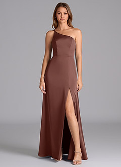 Azazie Trina Bridesmaid Dresses Espresso A-Line One Shoulder Stretch Satin Dress image3