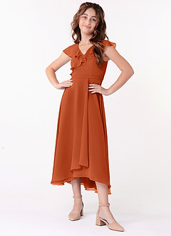 Azazie Posie Junior A-Linie Gestreift Chiffon Kleid Gebranntes Orange image1