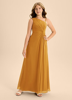 Azazie Brooke Junior Abito A-Line in Chiffon Spacco Laterale Caramello image4