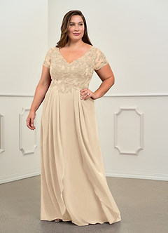 Azazie Dunja Mother of the Bride Dresses Champagne A-Line V-Neck Lace Chiffon Dress image9