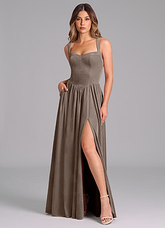 Azazie Francis Bridesmaid Dresses Silver Taupe A-Line Corset Velvet Dress image3