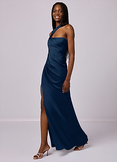Barbie ♥ Azazie Robes de demoiselle d'honneur Robe Sirène en Satin extensible Ue épaule Bleu Marine Foncé image4