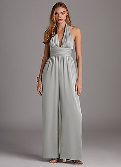 Azazie Oli Final Sale Silver Pleated Stretch Satin Jumpsuit image3