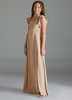 Azazie Bondi Junior Taupe A-Line Side Slit Stretch Satin Dress image4