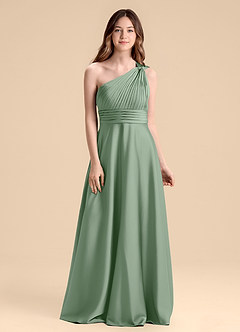 Azazie Charlize Junior Matcha A-Line Pleated Stretch Satin Dress image1
