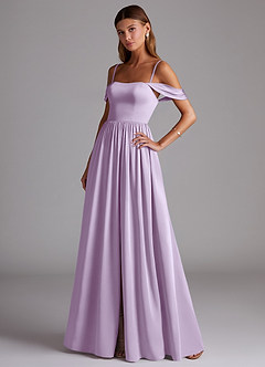 Azazie Calianna At-home Try On Dresses Dusty Blue A-Line Off the Shoulder Stretch Satin Convertible Dress image3