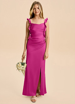 Azazie Jessamine Junior Fuchsia Sheath Ruched Stretch Satin Dress image1