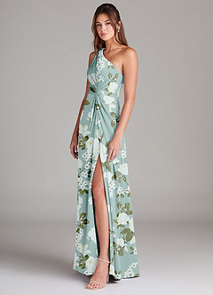 Azazie Brooke Bridesmaid Dresses Misty Floral Garden A-Line One Shoulder Stretch Satin Dress image5