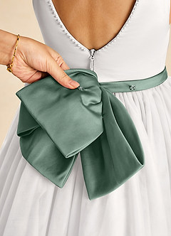 Azazie Seline Flower Girl Dresses Ivory Eucalyptus A-Line Bow Tulle Dress image3