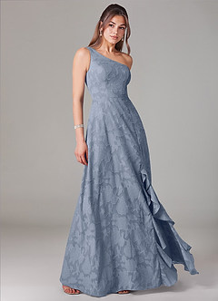 Azazie Ellianna Robes de demoiselle d'honneur Robe Trapèze en Blumen-Burnout Ue épaule Bleu Poussiéreux image3