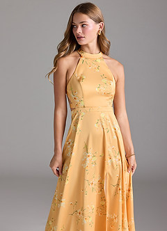Azazie Clarice Bridesmaid Dresses Golden Blooms A-Line High Neck Stretch Satin Dress image7