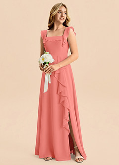 Azazie Nori Junior Salmon Pink A-Line Ruched Chiffon Dress image4