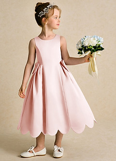 Azazie Macaroon Flower Girl Dresses Blushing Pink Ball-Gown Bow Matte Satin Dress image2