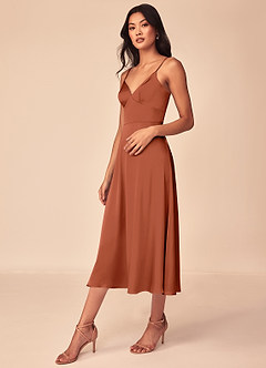 Azazie Dottie Robes de demoiselle d'honneur Robe Trapèze en Satin extensible Rose De Cèdre image4