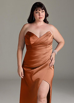 Azazie Yola Bridesmaid Dresses Copper Sheath V-Neck Pleated Stretch Satin Convertible Dress image13