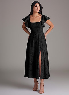Azazie Bondi Bridesmaid Dresses Black A-Line Ruched Floral Burnout Dress image1