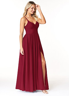 Azazie Dominic Bridesmaid Dresses Burgundy A-Line V-Neck Pleated Chiffon Dress image4