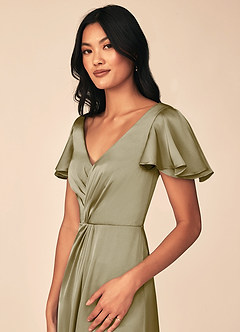 Azazie Soren Bridesmaid Dresses Moss Green A-Line Pleated Stretch Satin Dress image10