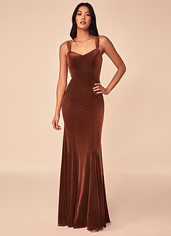 Azazie Lanessa Bridesmaid Dresses Terracotta Mermaid V-Neck Keyhole Back Velvet Dress image1