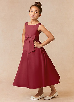 Azazie Lindy Flower Girl Dresses Pomegranate A-Line Pleated Matte Satin Dress image1