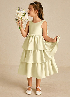 Azazie Margery Flower Girl Dresses Lemon Sorbet A-Line Bow Stretch Satin Dress image4