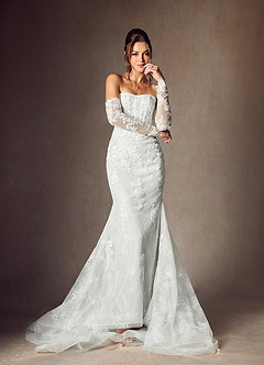 Azazie Caitlin Wedding Dresses Diamond White Mermaid Strapless Lace Dress image1