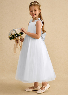Azazie Lilli Abiti da Ragazza di Fiori Abito A-Line in Tulle Fiocco Bianco Bianco image3