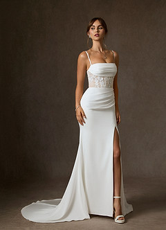 Azazie Alyce Wedding Dresses Diamond White Champagne Mermaid Off the Shoulder Crepe Back Satin Dress image8