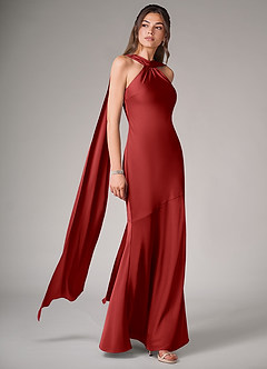 Azazie Kinsley Bridesmaid Dresses Pomegranate Mermaid Side Slit Stretch Satin Dress image3