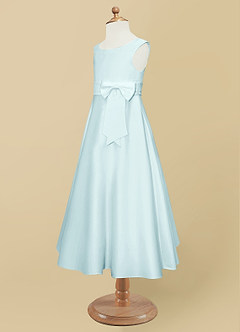 Azazie Lindy Flower Girl Dresses Sea Glass A-Line Pleated Matte Satin Dress image12