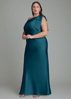 Azazie Yuanna Bridesmaid Dresses Ink Blue Mermaid One Shoulder Stretch Satin Dress image13