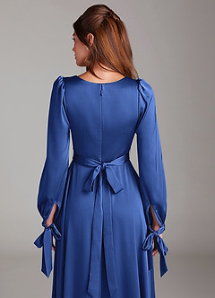 Azazie Leonia Bridesmaid Dresses Royal Blue A-Line Long Sleeve Stretch Satin Dress image7