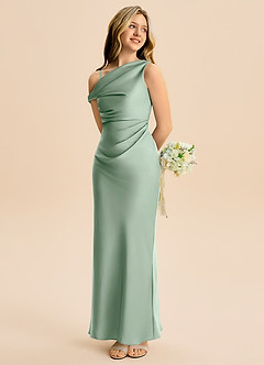 Azazie Emerson Junior Agave Sheath Off the Shoulder Stretch Satin Dress image6