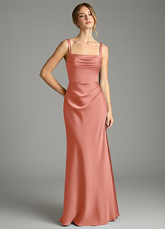 Azazie Alouette Bridesmaid Dresses Salmon Pink Mermaid Pleated Stretch Satin Dress image1