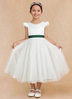 Azazie Hemi Flower Girl Dresses Ivory Dark Green A-Line Bow Tulle Dress image3