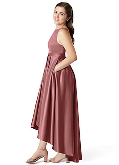 Azazie Inaya Junior Amethyst A-Line with Belt Stretch Satin Dress image3