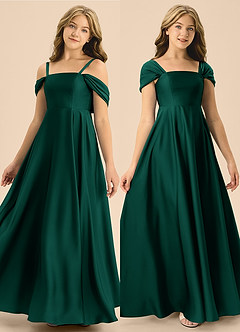 Azazie Rowena Junior A라인 절하다 스트레치 새틴 플로어 길이 주니어 신부 들러리 드레스 image1