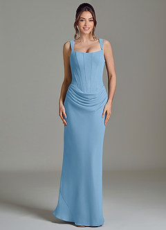 Azazie Niamh Vestidos de damas de honor Vestido de Azul Acero de Gasa de Corte Sirena con Corsé image3