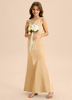 Azazie Madelyn Junior Robe Fourreau en Satin extensible Épaule décolletée Or image5