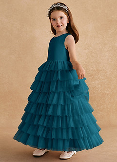 Azazie Twinkle Toes Flower Girl Dresses Ink Blue A-Line Bow Tulle Dress image4