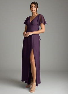 Azazie Kimber Bridesmaid Dresses Plum A-Line Flounce Sleeve Chiffon Dress image5
