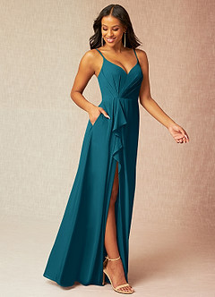 Azazie Kyedae Brautjungfernkleider A-Linie V-Hals Gefaltet Chiffon Kleid Tintenblau image3