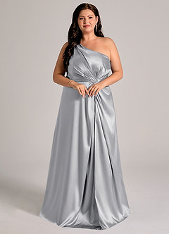 Azazie Brooke Bridesmaid Dresses Silver A-Line One Shoulder Metallic Satin Dress image11