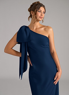Azazie Capri Bridesmaid Dresses Dark Navy Mermaid One Shoulder Stretch Satin Dress image5