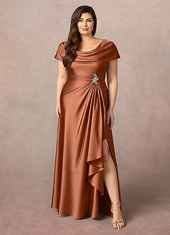 Azazie Branford At-home Try On Dresses Copper A-Line Pleated Stretch Satin Dress image9
