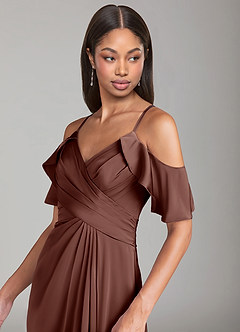 Azazie Dakota Bridesmaid Dresses Espresso A-Line Off the Shoulder Stretch Satin Dress image5